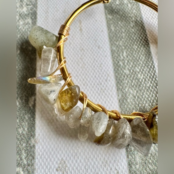 New Natural Labradorite Stone Wire Wrapped Gold Tone Hoop Earrings - 2” - Picture 4 of 9
